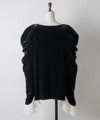 【予約10%OFF】レースカフスベロアギャザーパフスリーブTOPS