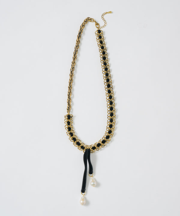 vintage調チェーン×ベロアリボンネックレス