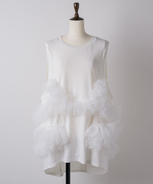 ボリュームフリルチュールデザインカットタンク