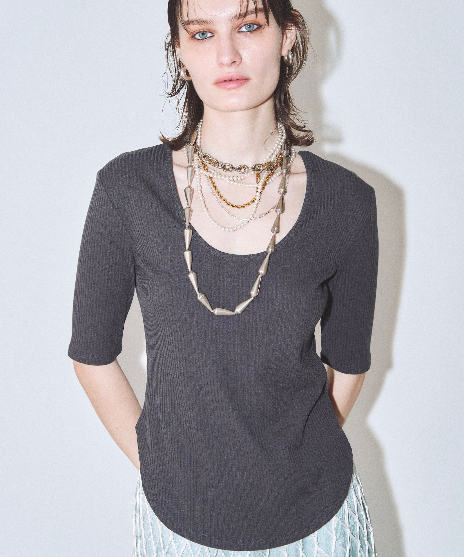 トップス yae yae】Short sleeve 2way Uneckribtops / ショートスリーブ2wayU