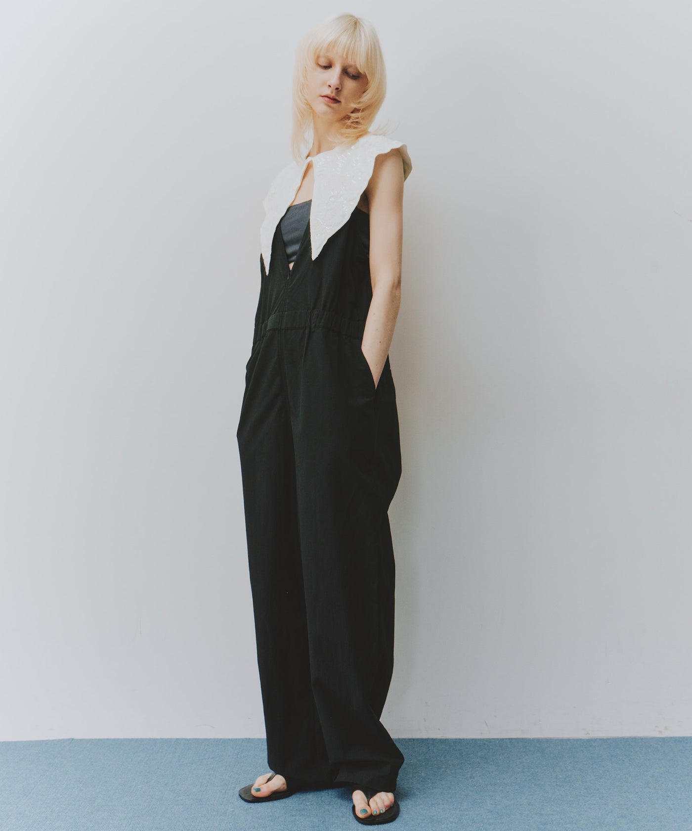 美品✨エブール リネン100% オールインワン Aライン Vネック ピンク セール】リネンライクVネックオールインワン◇（つなぎ