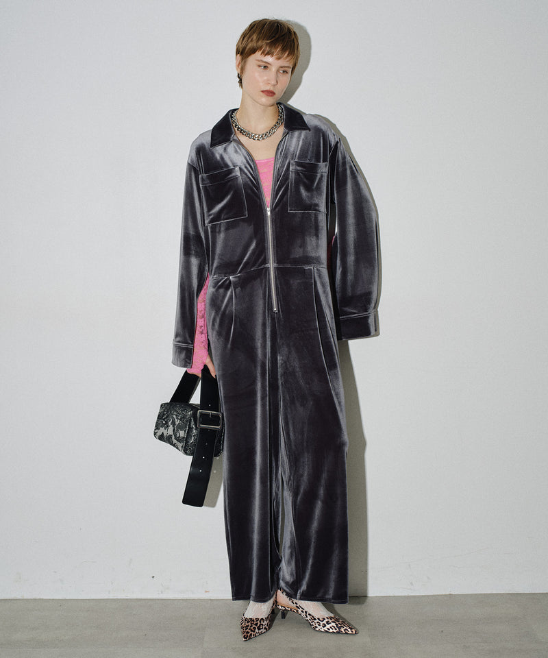 【yae】Fastener slit velours jumpsuit / ファスナースリットジャンプスーツ